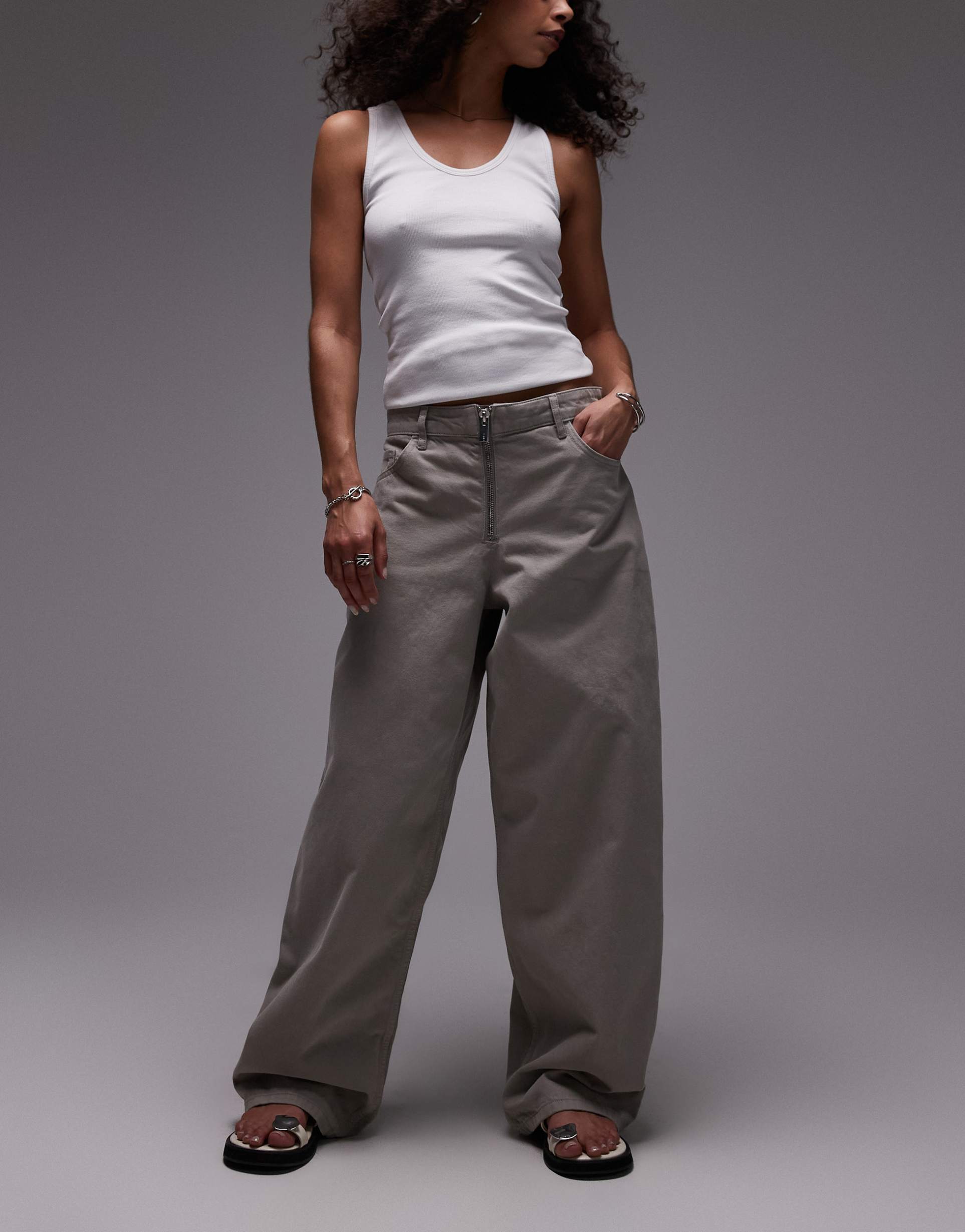 mango zip front baggy jeans in gray