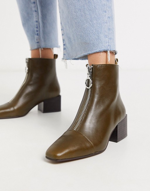 Mango zip front leather boots in olive green
