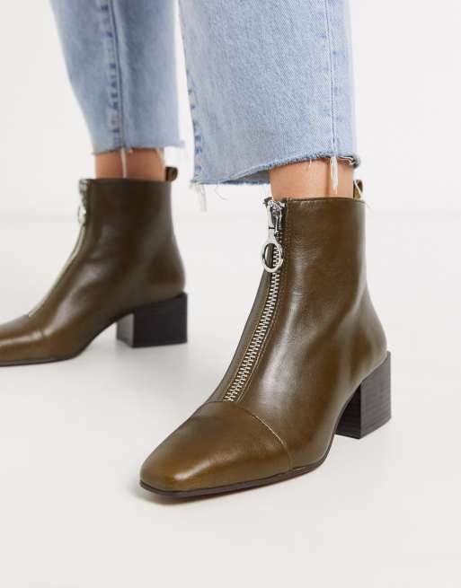 Mango zip front leather boots in olive green ASOS