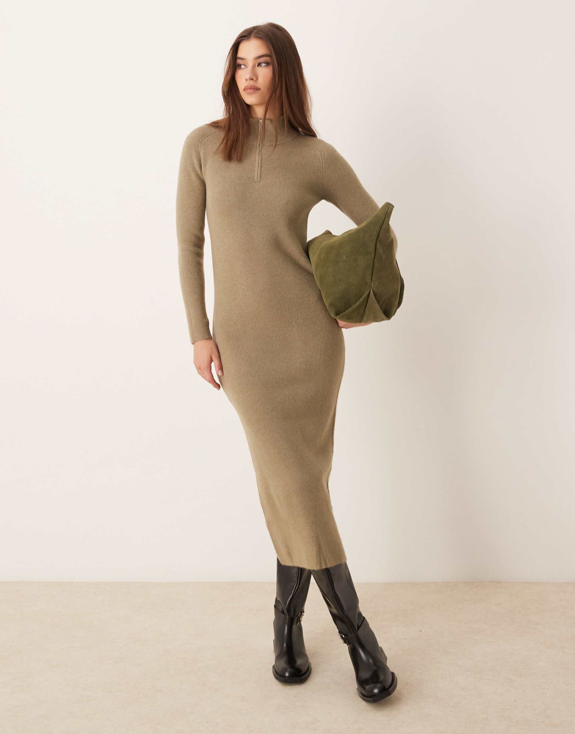 mango zip neck knit midi dress in brown