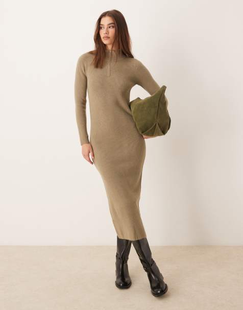 Mango zip neck knitted midi dress in brown
