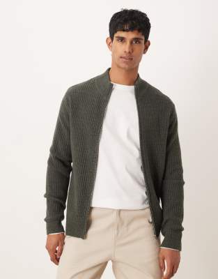Mango Zip Thorugh Wool Blend Cardigan In Green