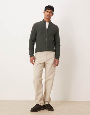 Mango Zip Thorugh Wool Blend Cardigan In Green