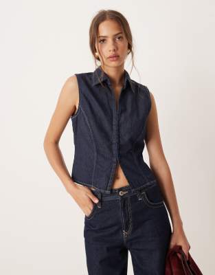 Mango Zip Through Denim Short Sleeve Top In Blue