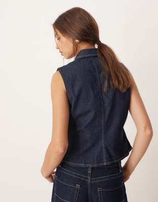 Mango Zip Through Denim Short Sleeve Top In Blue