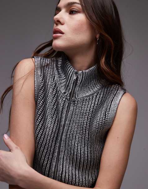 Mango zip through high neck sleeveless top in silver - view 1