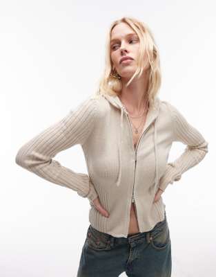 Mango Mango zip through knitted hoodie in oatmeal-Neutral