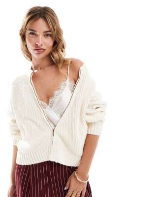 zip through knitted jacket in white