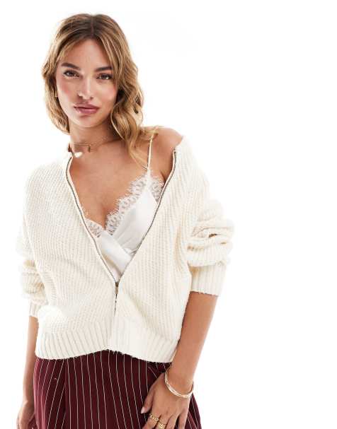 Mango zip through knitted jacket in white - view 1