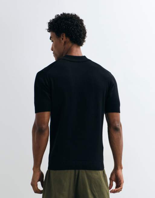 Mango zip through knitted polo top in black, 3 of 5