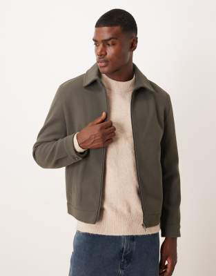 Mango Mango zip through relaxed fit short jacket in khaki-Green