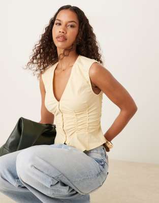 Mango Mango zip through ruched sleeveless blouse in pastel yellow