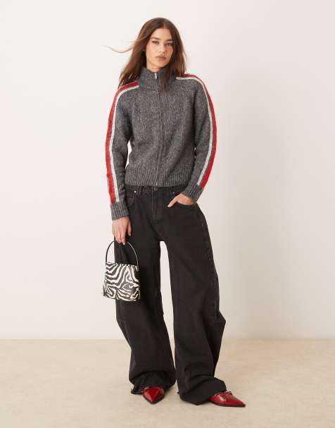 Mango zip through side stripe cardigan in grey - view 1