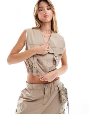 Mango zip through utility co-ord waistcoat in tan-Brown