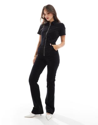 Mango Zip Up Denim Jumpsuit In Black