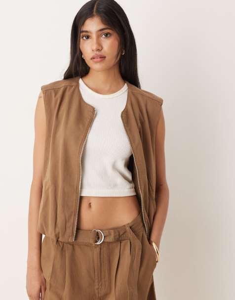 Mango zip through jacket sleeveless top co-ord in brown