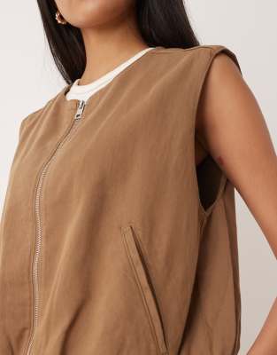 Mango Zip Up Jacket Sleeveless Top In Brown