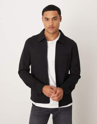 Mango Zip Up Jersey Shirt In Black
