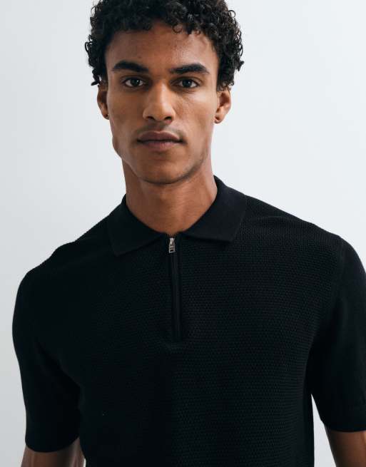 Mango zip up knit polo top in black, 5 of 5