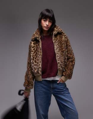 zip up leopard print fur jacket in brown