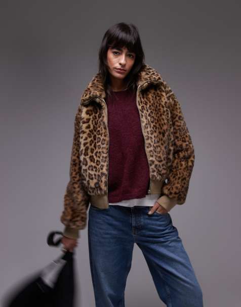 Mango zip up leopard print fur jacket in brown - view 1