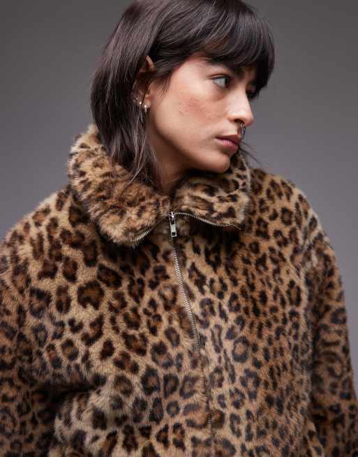 Mango zip up leopard print fur jacket in brown ASOS
