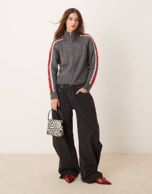 Mango Zip Up Side Stripe Cardigan In Gray