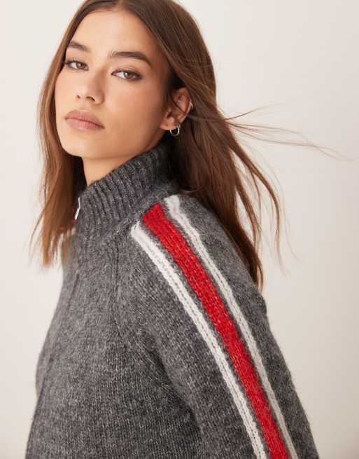 Mango zip up side stripe cardigan in gray | ASOS