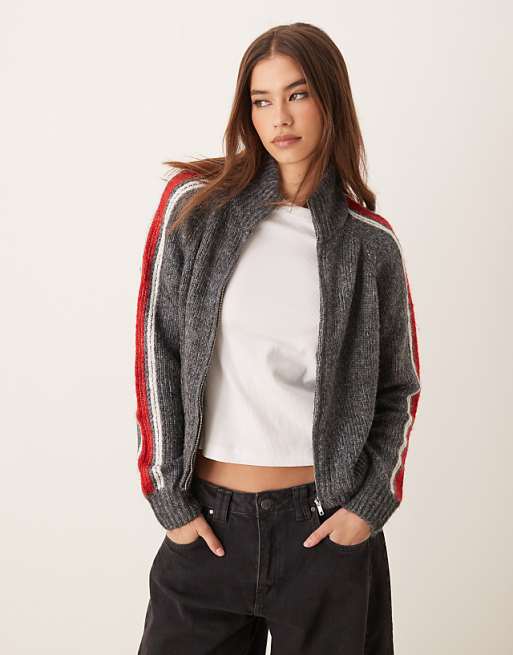 Mango zip up side stripe cardigan in gray | ASOS Mango zip up side stripe cardigan in gray | ASOS