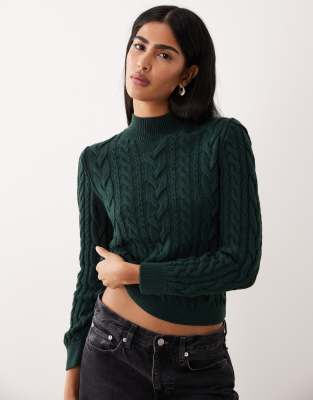Mango - Zopfstrickpullover in Dunkelgrün mit hohem Kragen