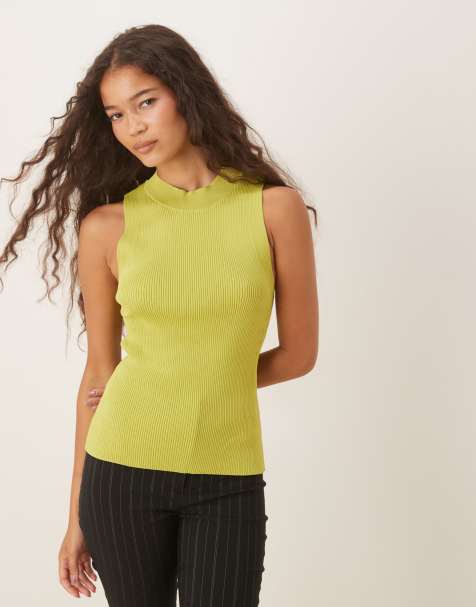 Mango high neck knitted sleeveless top in yellow