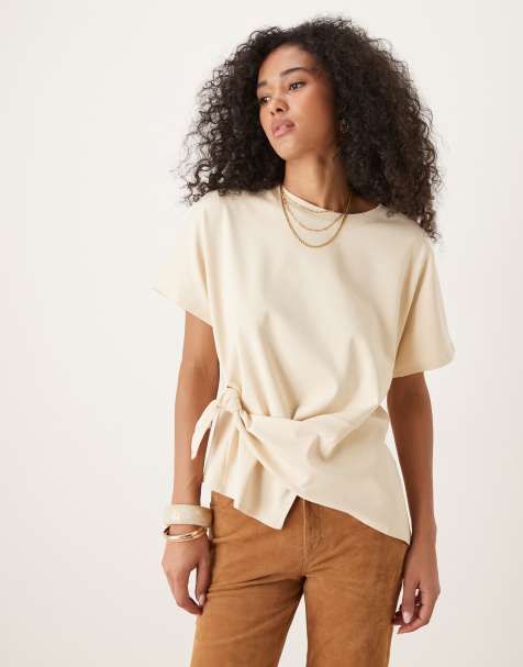 Mango – Żółty prążkowany T-shirt z wiązaniem w talii - view 1