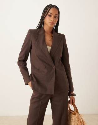 Mango - Zweireihiger Blazer aus Leinen in Schokobraun, Kombiteil