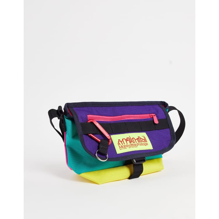 Manhattan Portage nylon messenger bag in green, purple and yellow