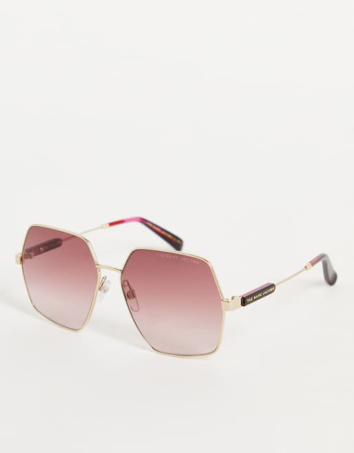 Marc Jacobs – Sechseckige Sonnenbrille in Gold mit rosa Gläsern