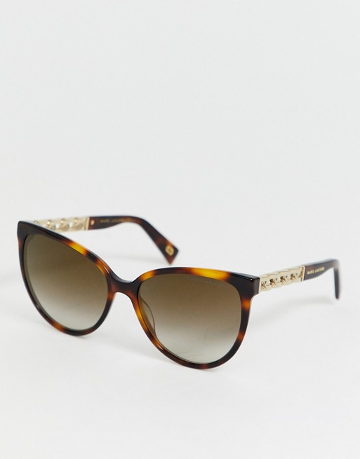 Marc Jacobs square sunglasses in brown tortoishell acetate with gold chain detail