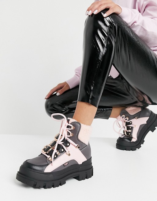 Marina Hoermanseder x Buffalo chunky hiker boots with teddy detail in grey and pink