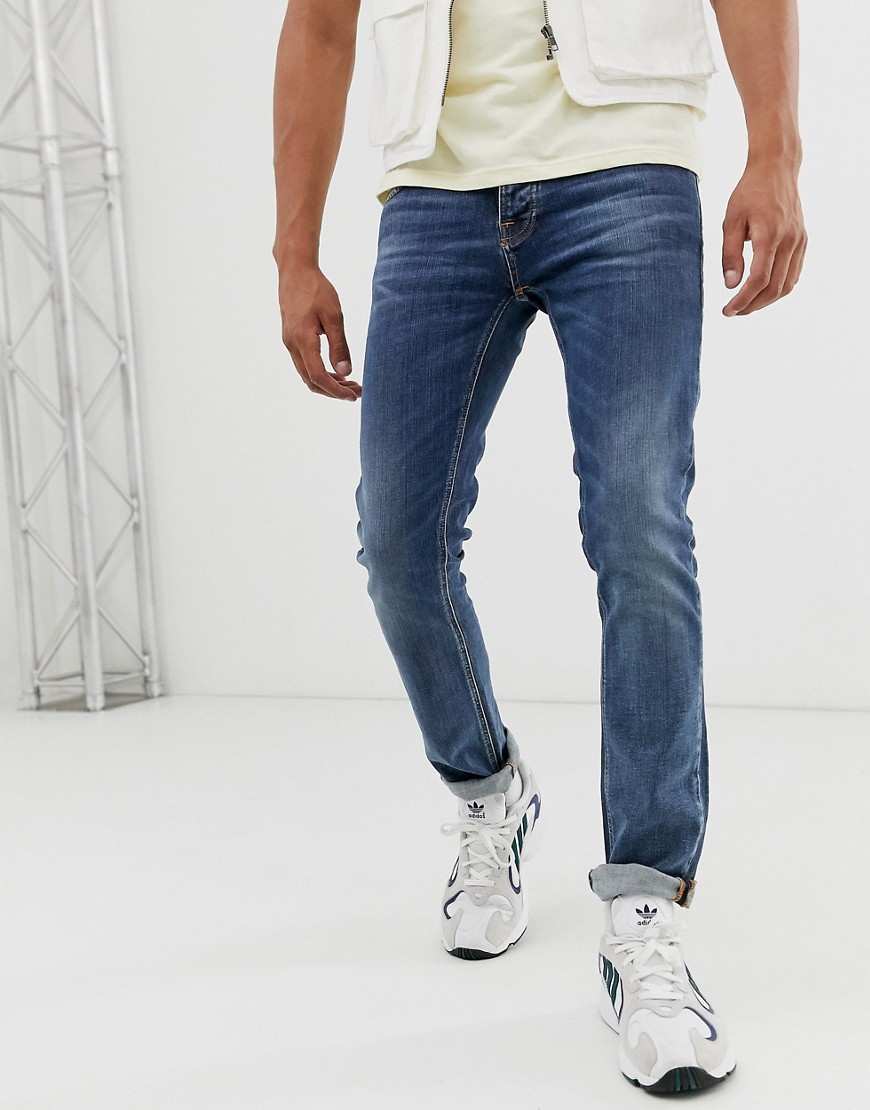 Marineblå forvaskede jeans med smal pasform og lige ben fra Nudie Jeans Co