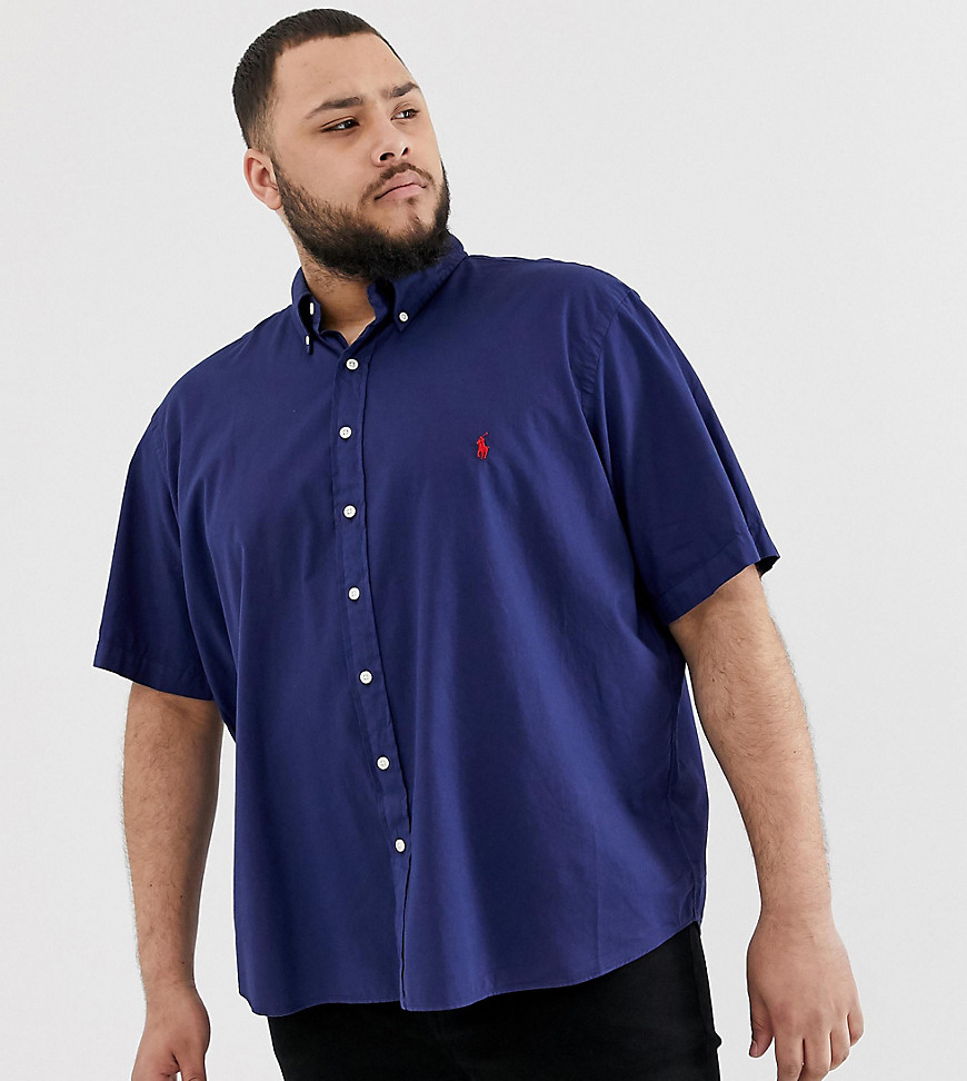 Marineblå skjorte i letvævet twill med kort ærmer og logo fra Polo Ralph Lauren Big & Tall