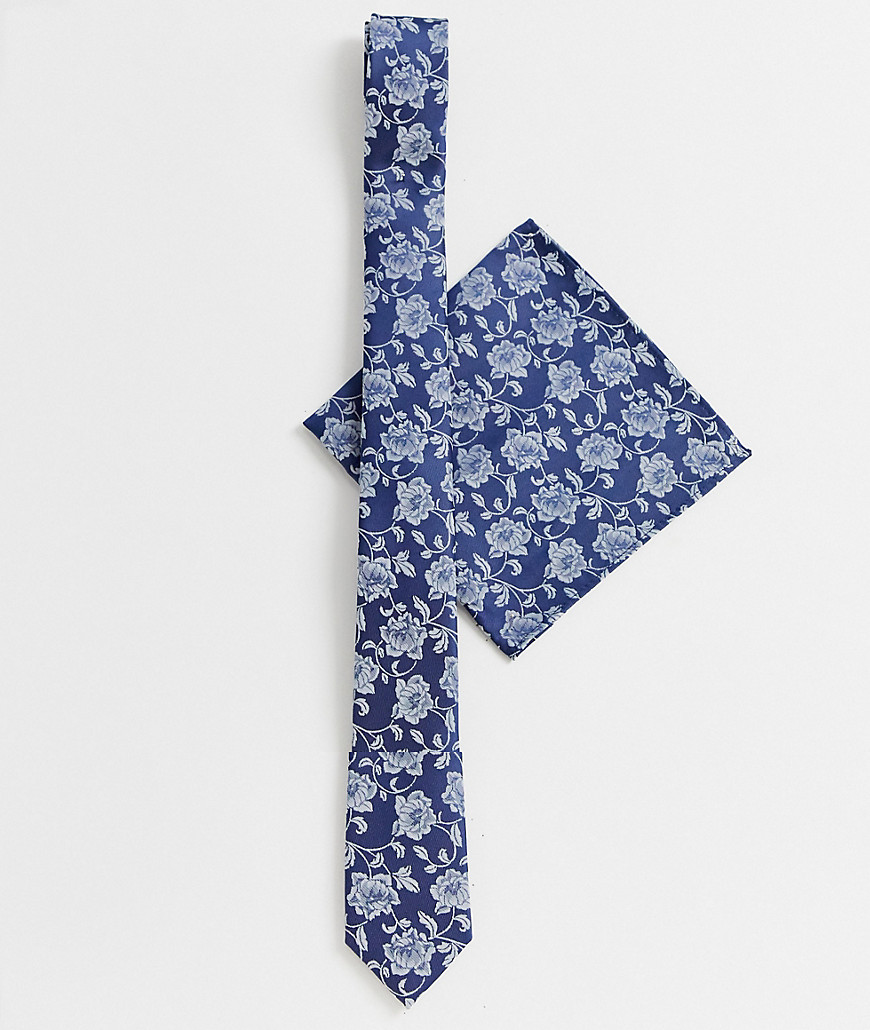 Marineblåt smalt slips og pyntelommetørklæde fra ASOS DESIGN