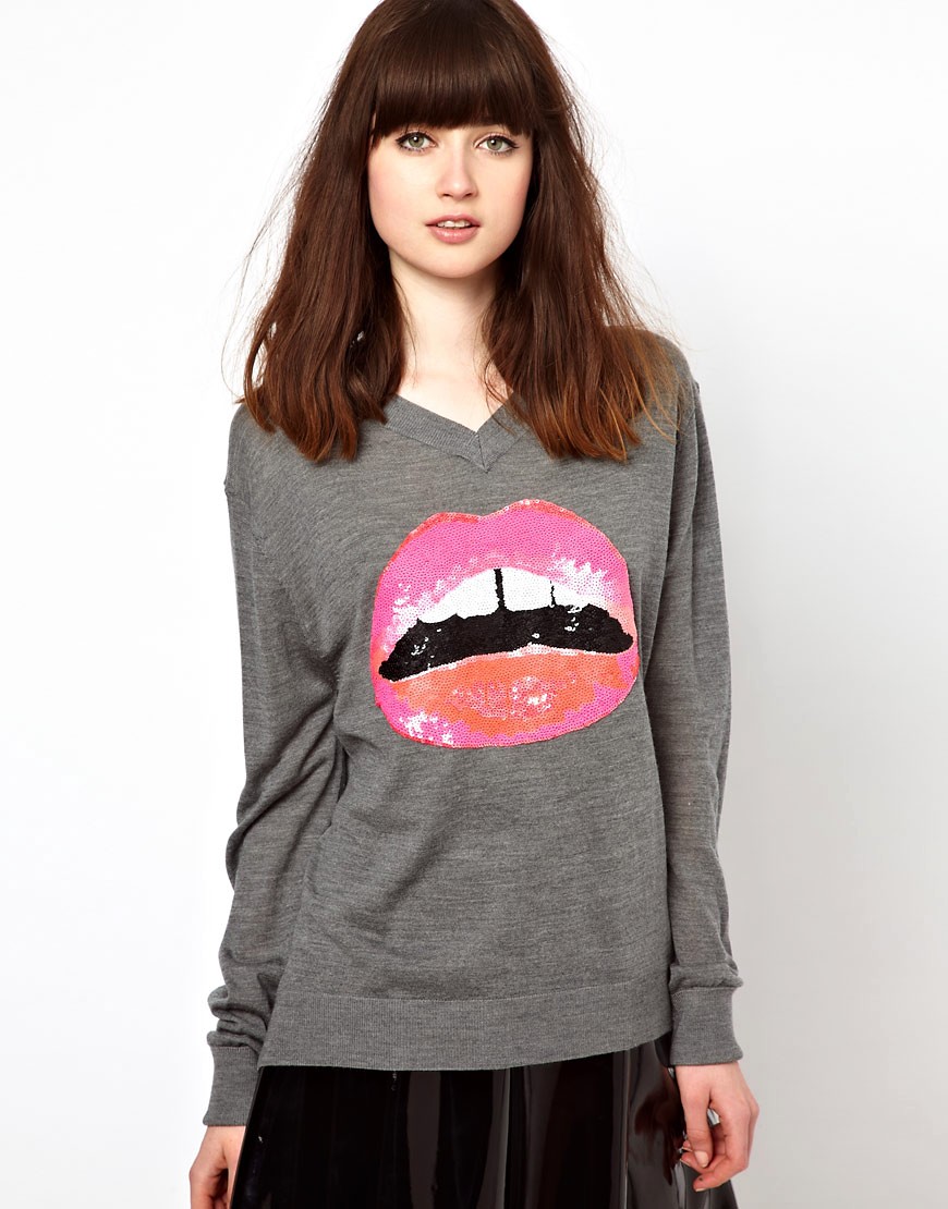 Markus Lupfer Sequin Lips Knit with Dipped Back-Grey