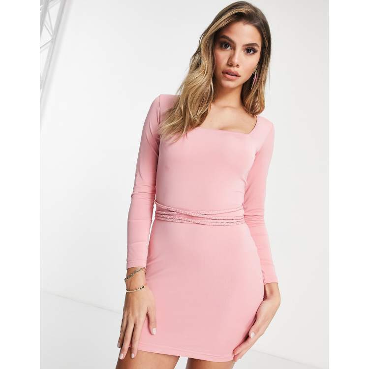 Mars The Label going out long sleeve bodycon dress with multiway belt  detail in pink
