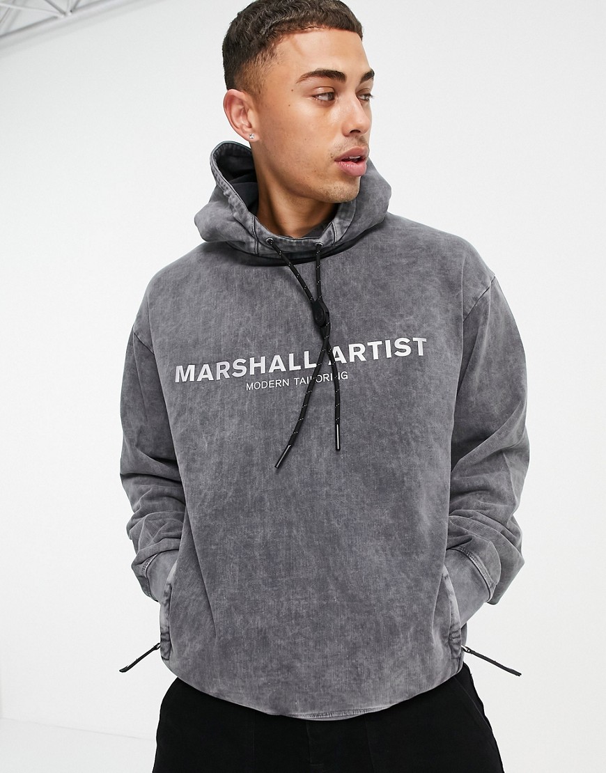 Marshall Artist reflective logo oversize hoodie in acid wash gray-Grey