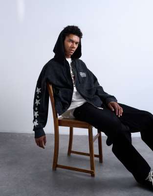 Topman Mason Newman x Topman boxy fit hoodie with cowgirl front and back print in washed black