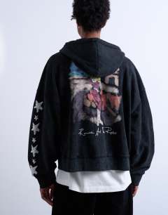 Model wearing Mason Newman x Topman boxy fit hoodie with cowgirl front and back print in washed black