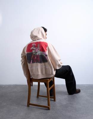 Topman Mason Newman x Topman boxy fit hoodie with hotel bar front and back print in washed stone-Brown