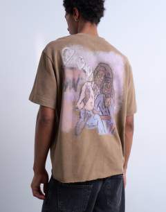 Model wearing Mason Newman x Topman boxy fit t-shirt with heart front and back print in washed brown 