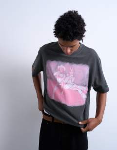 Model wearing Mason Newman x Topman boxy fit textured t-shirt with Newman 37 front and back print in washed black