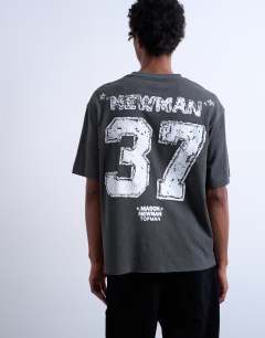 Model wearing Mason Newman x Topman boxy fit textured t-shirt with Newman 37 front and back print in washed black