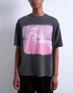 Model wearing Mason Newman x Topman boxy fit textured t-shirt with Newman 37 front and back print in washed black